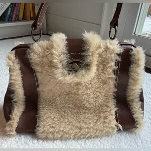 Simplera Cream Shearling and Brown Leather Shoulder Bag